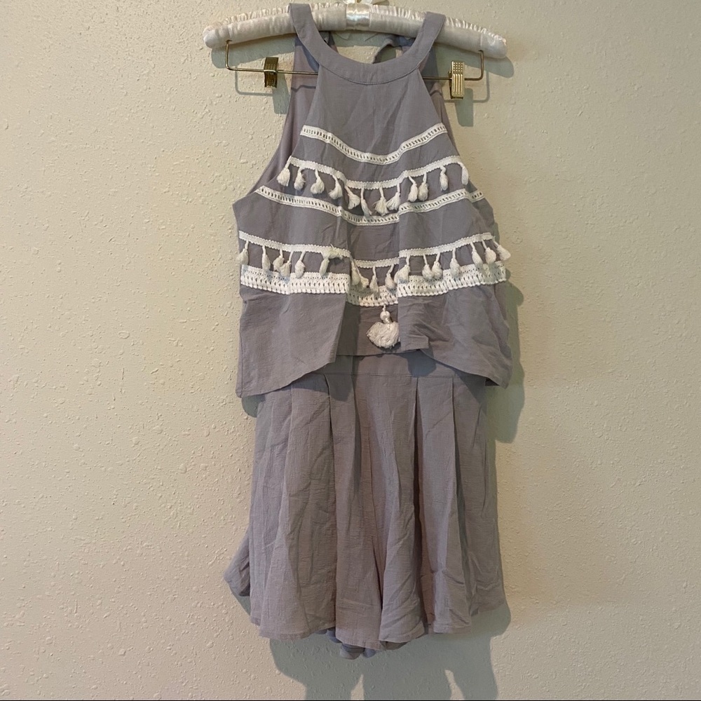 Listicle Romper Shorts Boho Small Cotton gray short romper tassels sleev… - Picture 1 of 6